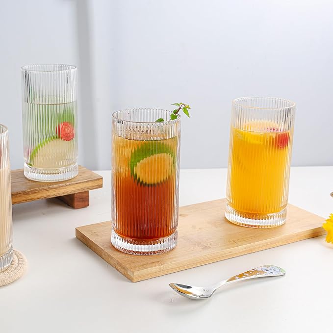 Vintage Ribbed Glassware Set, 16oz Drinking Glasses, Origami Style Set of 4, Fluted Design, Ideal for Water, Iced Coffee, Juice, Beer, Milk, Gift (16oz)