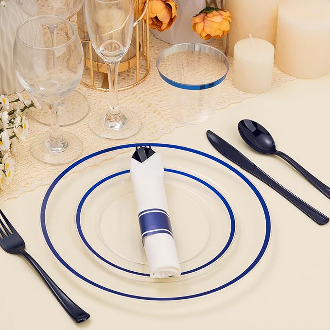 700PCS Clear Blue Disposable Plastic Dinnerware Set for 100 Guests, 200 Plastic Plates, 100 Cups, 100 Pre-Rolled Napkins with Cutlery for Party, Birthday, Christmas, Wedding, Thanksgiving, Halloween