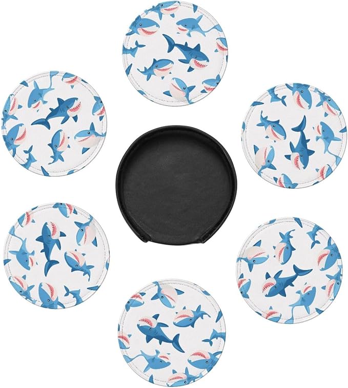 Cartoon Blue Sharks Leather Coasters Set of 6 - Image 7