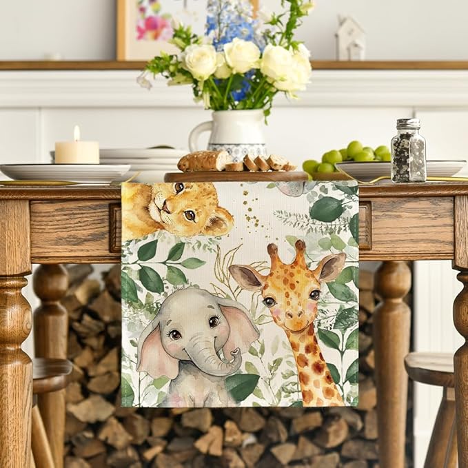Artoid Mode Animals Elephant Giraffe Baby Shower Table Runner, Seasonal Spring - Image 2