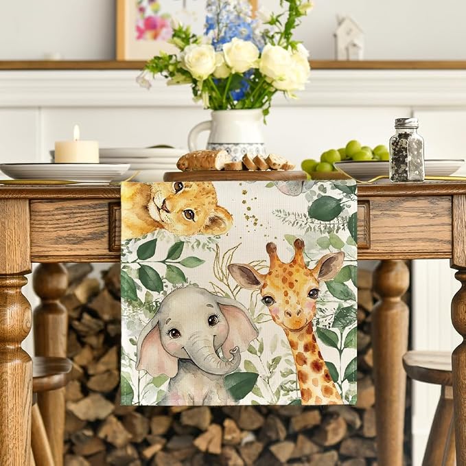 Artoid Mode Animals Elephant Giraffe BabyShower Table Runner, Seasonal Spring - Image 2