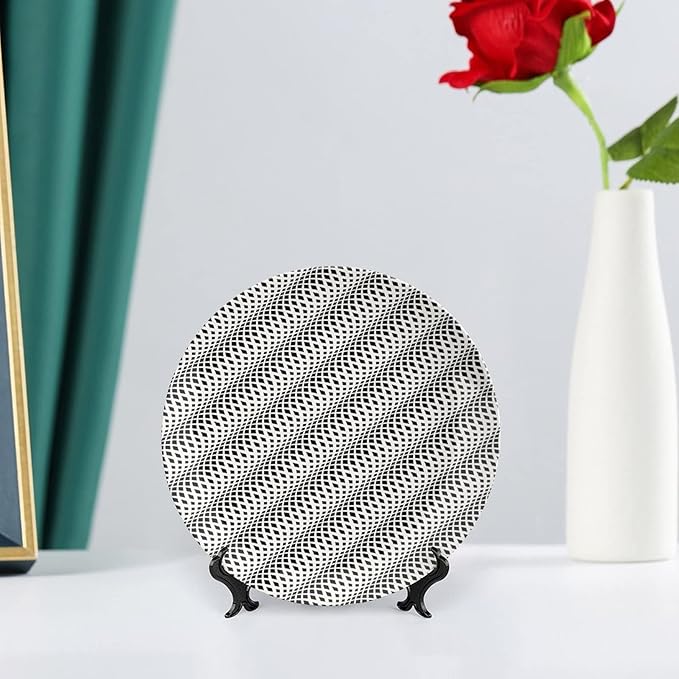 Ceramic Plates, Abstract Decorative Ceramic Plates, Wavy Rhombus Abstract Modern Monochrome Decor, 7 Inch, Household Plates Decorative, Black White