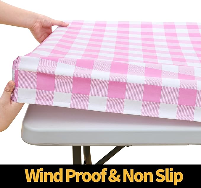 Smiry Rectangle Picnic Table Cloth, Elastic Waterproof Fitted Vinyl Tablecloths, Flannel Backed Buffalo Plaid Table Covers for Dining, Camping, Valentines (White and Pink, 30" x 60")