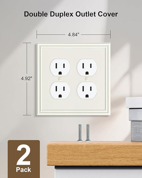 2-Pack Double Duplex Outlet Cover, Light Almond Decorative Double Switch Plates and Outlet Covers for Electrical Outlets, Durable Zinc Alloy Wall Plates, Corrosion Resistant