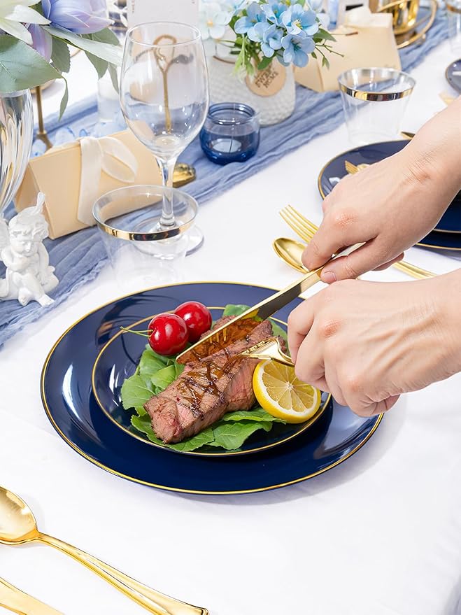 WDF 300PCS Navy Blue Plates Disposable - Blue Plastic Plates 50guest Heavy Duty Plastic Dinnerware Sets for Party/Wedding/Birthday