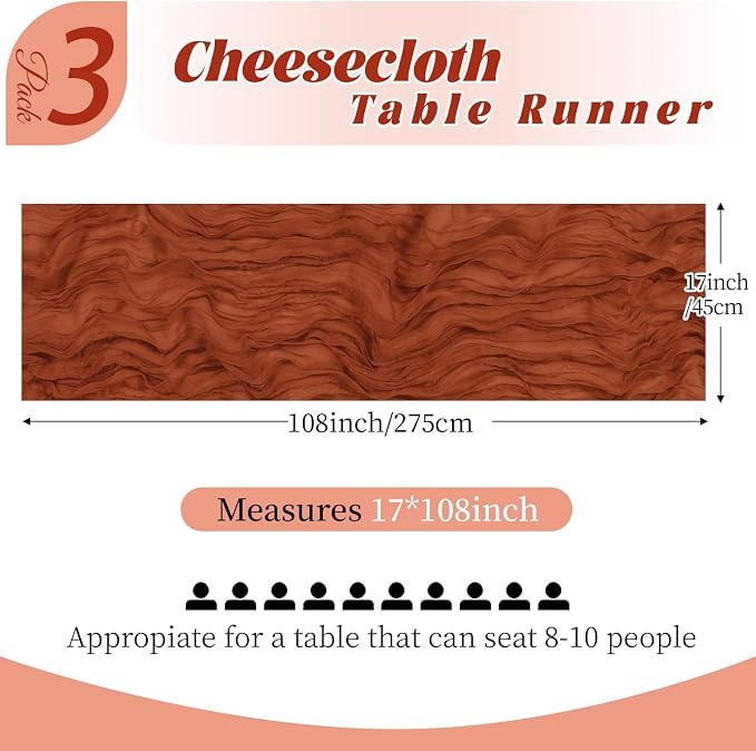 3 Pack Terracotta Cheesecloth Table Runner, 17 x 108 Inch, Gauze Cheese Cloth - Image 5