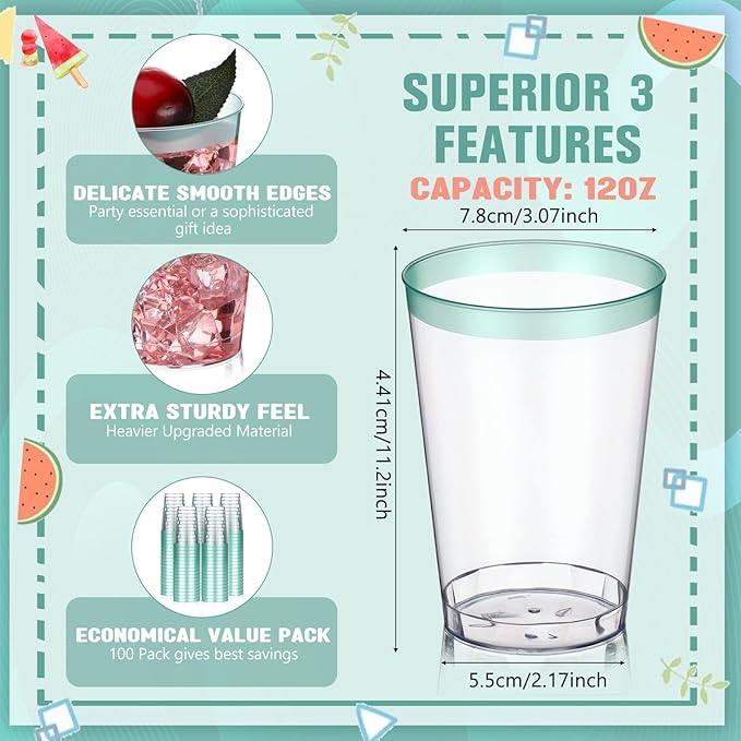 Patelai 100 Pcs Teal Blue Plastic Cups 12 oz Teal Blue Rimmed Plastic Cups Heavy Duty Disposable Wine Glasses Clear Cocktail Glasses Drinking Tumblers for Party Wedding Christmas Birthday
