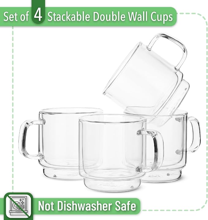 BTaT- Double Walled Stackable Glass Coffee Mugs, 8 oz, Glass Coffee Cups - Image 2