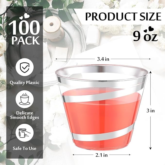 Gejoy 9 oz Rimmed Swirl Plastic Cups Disposable Wine Drinking Cups Clear Elegant Halloween Tumblers for Christmas Party Supplies(Silver,100 Pcs)