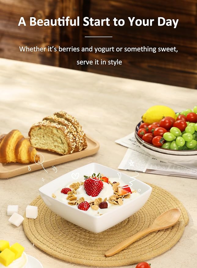 Porcelain Soup Bowls, 28 OZ Square Cereal Bowls, - Image 5