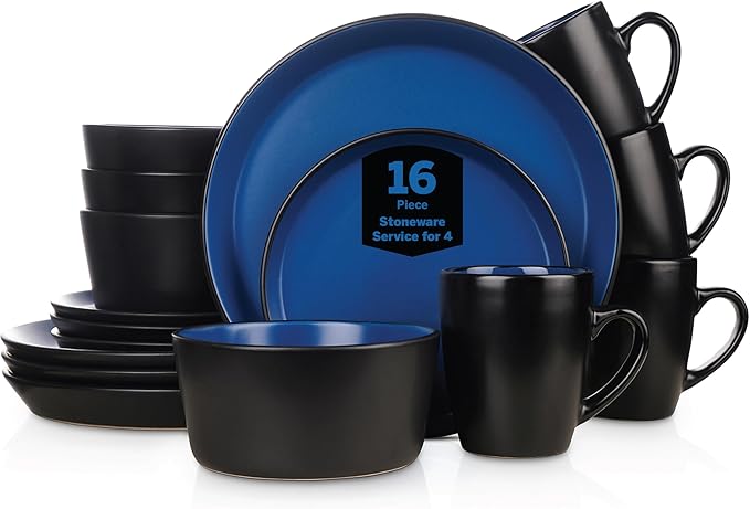 SERVICE FOR 4 - Total of 16 pieces including 8 dinner plates (10”), 4 salad plates (7.5”), 4 bowls (5.75”), and 4 mugs (12 oz), making it the perfect set to service 4 people