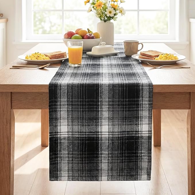 Artoid Mode Black Grey Farmhouse Plaid Table Runner, Halloween Rustic Holiday - Image 2