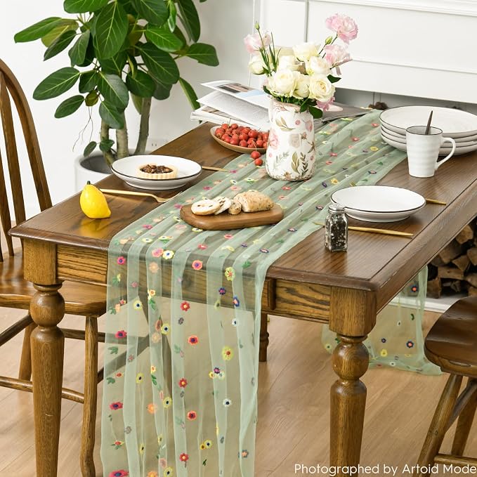 Artoid Mode 3PCS Sage Green Embroidery Daisy Gauze Table Runner 120 Inch | - Image 3