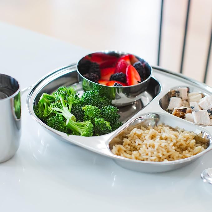 Ahimsa Stainless Steel Plates For Kids, Pediatrician Designed Divided Plates for Toddlers & Baby, Non Toxic, Unbreakable & Dishwasher Safe, Set of 4