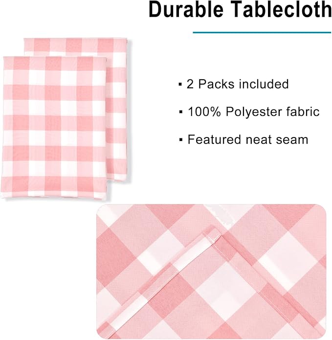 Plaid Tablecloth 2 Pack, 60 x 84 inch, Peach Pink and White | Waterproof - Image 3