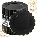 LIYH 100 Pcs Black Plastic Scalloped Plates - Disposable Dessert Plates with Elegant Gold Rim Cake Plate Disposable for Salad Parties Cass Reunions Wedding
