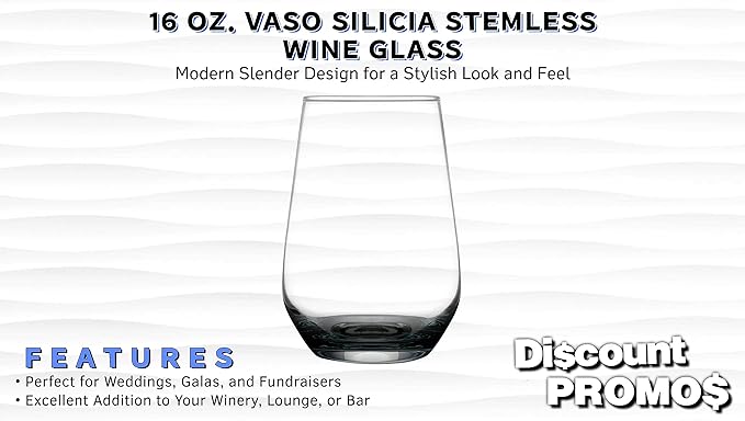 DISCOUNT PROMOS 10 Vaso Silicia Stemless Wine Glasses Set, 16 oz. - Clear, Orb-Like, Thick base - Black