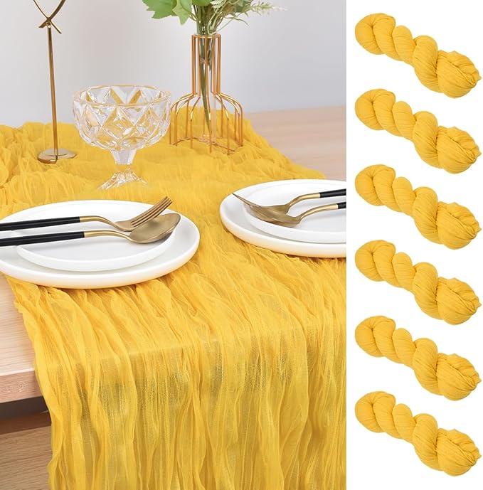 Joanlody Yellow Cheesecloth Table Runner Spring Easter 10Ft Rustic Gauze Boho Cheese Cloth Table Runner for Wedding Bridal Baby Shower Decoration 6 Pack