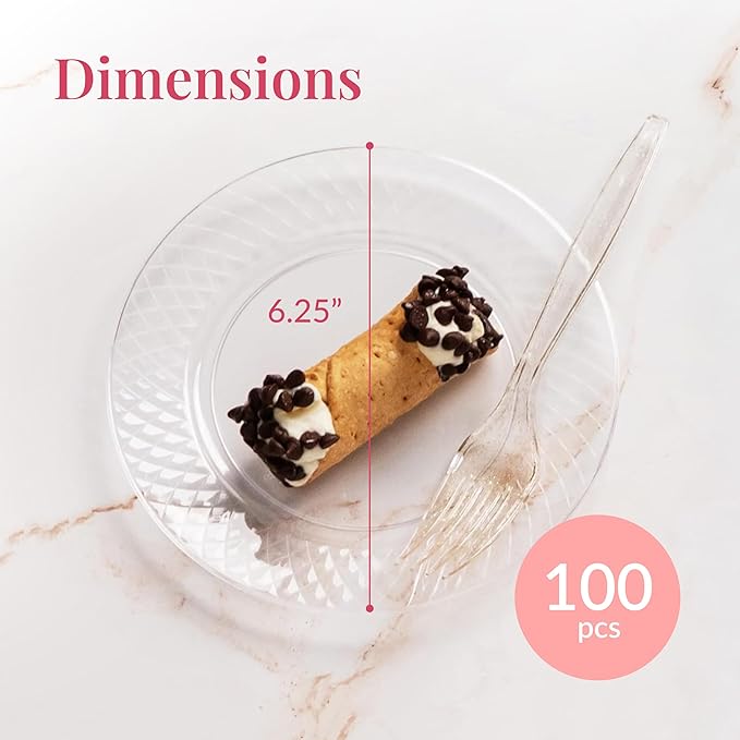 Prestee 100 Pack Clear Plastic Plates for Party - 6.25 Inch Small Round Dessert Plate and Appetizer Platter - Heavy Duty Disposable Plastic Plates for Parties, Weddings, Caterings and Events
