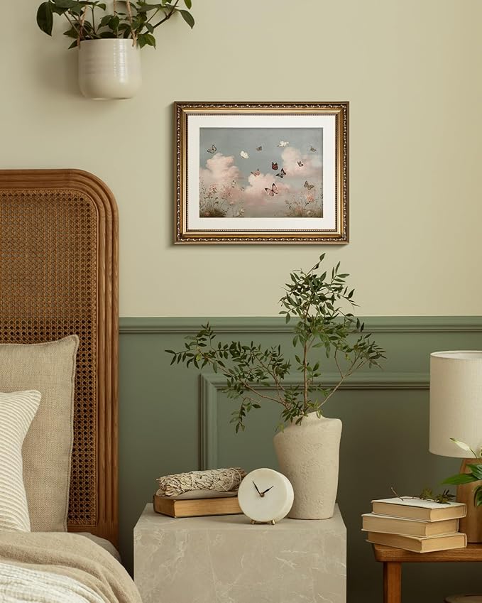 InSimSea Gold Picture Framed Wall Art, Living Room Vintage Butterfly Cloud Nursery Wall Decor, Field Landscape Canvas Print Art, Home Farmhouse Decor, Antique Paintings with Frame 13x16inch