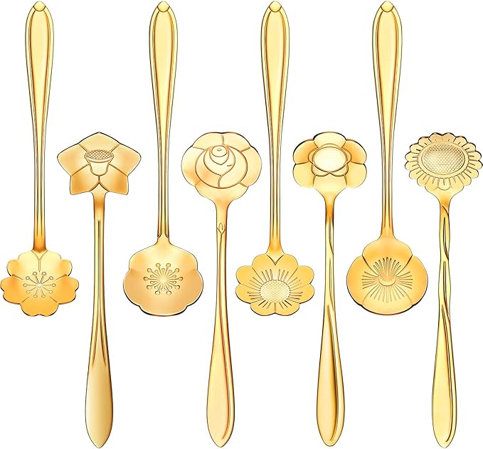 Chengu 8 Pcs Flower Coffee Tea Teaspoons Stainless Sugar Spoons ，Gold | Floral by CHENGU