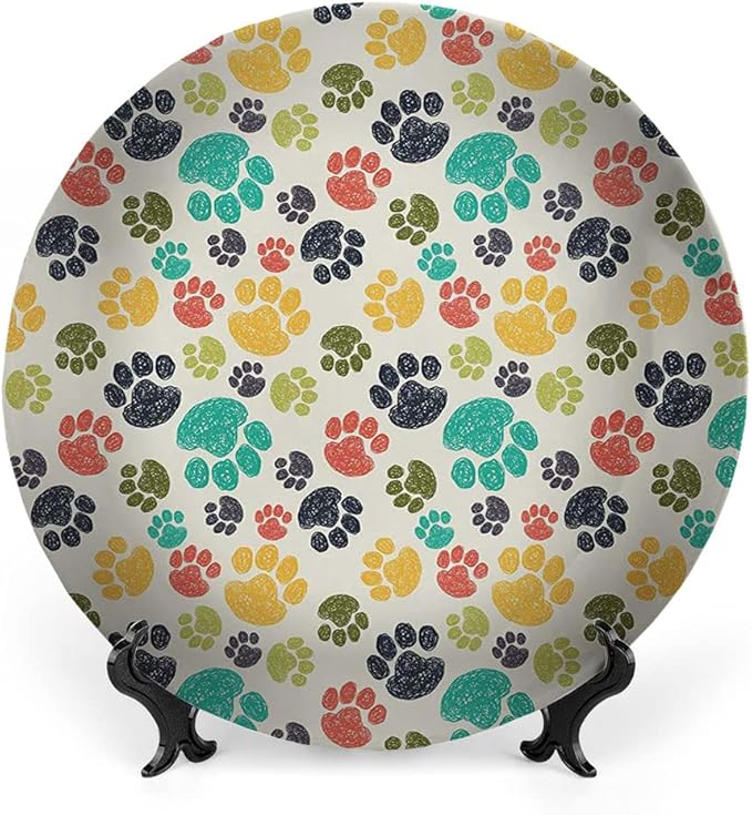 Decorative Plates, Dog Lover Print Ornament, Cute Hand Drawn Paw Print Doodles, 8 Inch, Kitchen Wall Decor, Multicolor