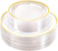 100 PCS Clear Gold Plastic Plates, Disposable Party Plates Include 50 Dinner Plate and 50 Dessert Plate Perfect for Holiday, Birthday, Wedding & Party