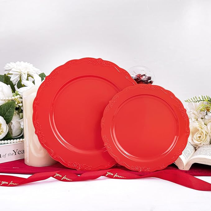U-QE 100PCS Red Plastic Plates - Heavy Duty Valentines Plates Disposable, Red Plates Disposable Include 50PCS 10.25" Dinner Plates and 50PCS 7.5" Dessert/Salad Plates for Valentine's Day, Party