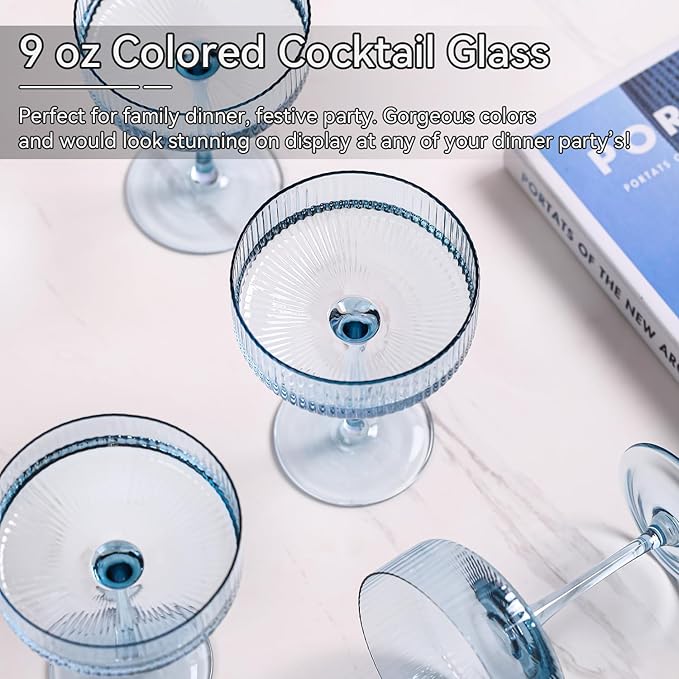 Blue 9 oz Vintage Art Deco Coupe Glasses Set of 6 Blue Ribbed martini Glasses|Vintage Cocktail Glasses Set,Unique Light Sky blue Coupe Glass