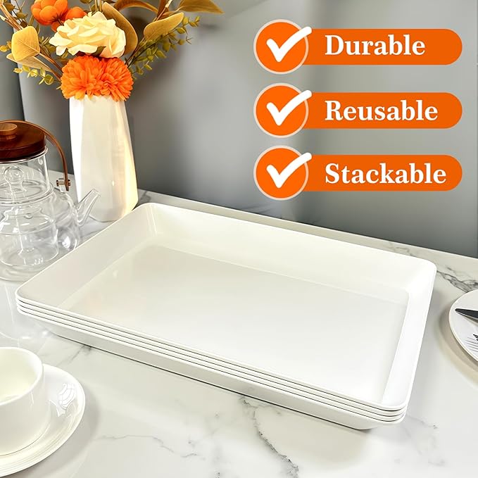 Serving Tray Platter, 2 Pcs Food Tray for Veggie Fruit Snack Dessert Cookie Cheese, Food Trays for Party Supplies Display, Plastic Platters for Serving Food, Large White Trays, BPA Free