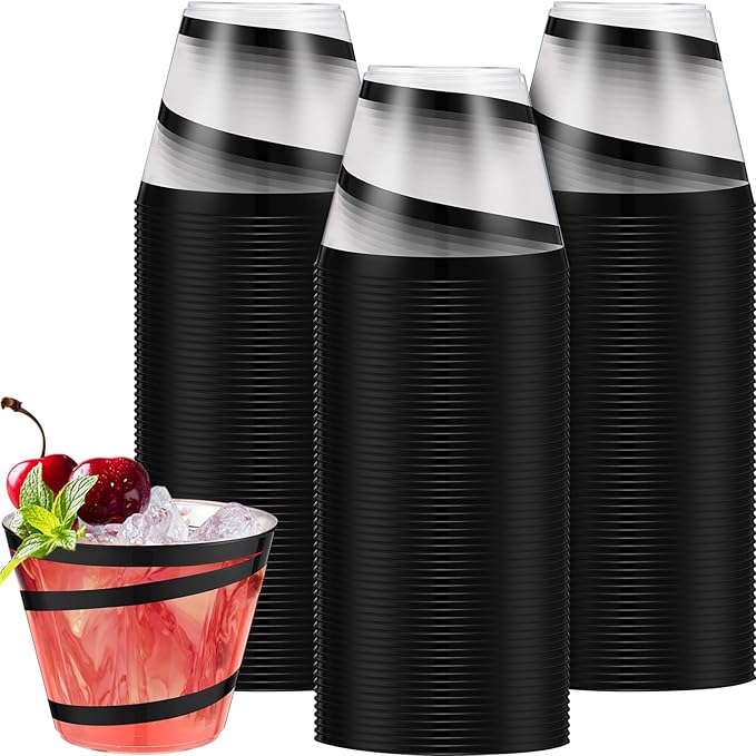 Gejoy 9 oz Rimmed Swirl Plastic Cups Disposable Wine Drinking Cups Clear Elegant Halloween Tumblers for Christmas Party Supplies(Black,100 Pcs)