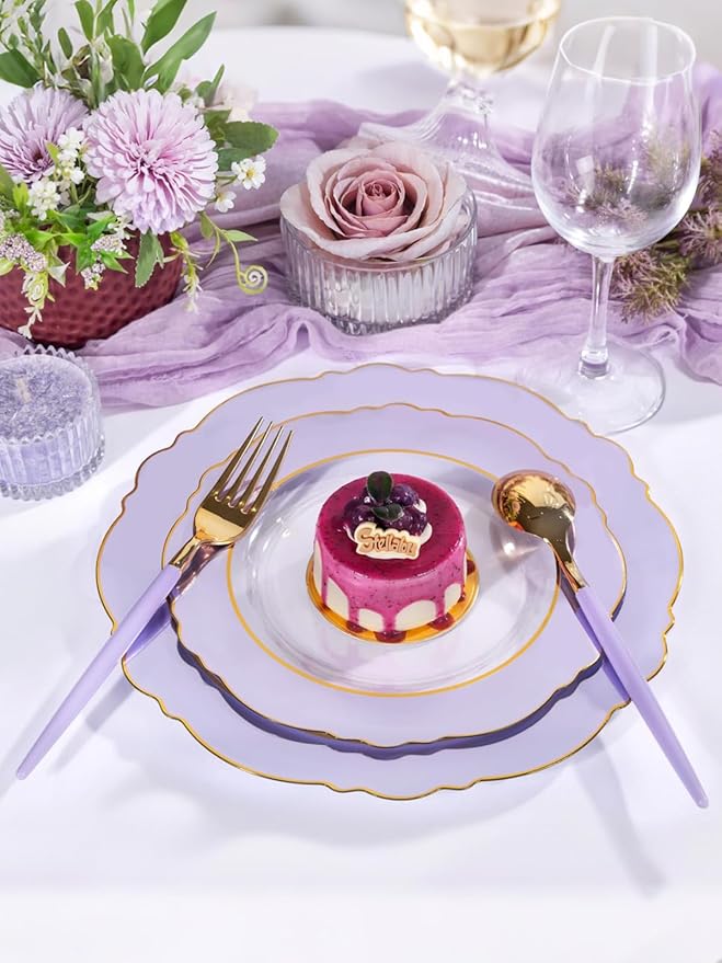 WDF 60pcs Clear Purple Plates Disposable with Gold Rim - Baroque Lavender Purple Plastic Plates for Party/Wedding/Spring Picnic