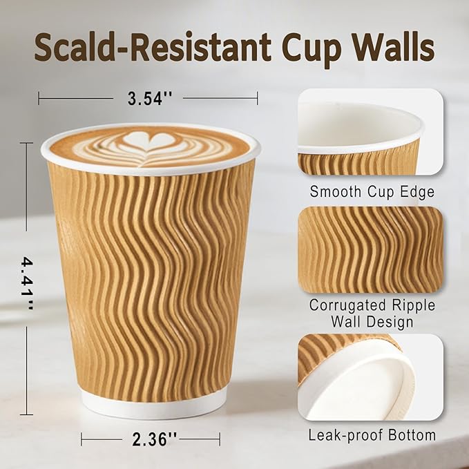 500 Pack 12 oz Coffee Cups, Disposable Corrugated Insulated Ripple Wall Paper Coffee Cups 12oz for Hot or Cold Drinks Office Home Cafe Party Travel (Champagne)