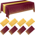Breling 8 Pack Burgundy and Gold Disposable Plastic Tablecloths and Satin Table Runner Set, 54 x 108 Inch Tablecloth, 12 x 108 Inch Table Runners for Wedding Graduation Birthday Baby Shower