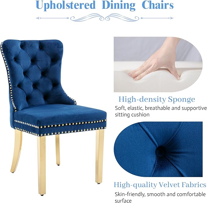 KCC Velvet Dining Chairs Set of 6, Upholstered High-end Tufted Dining Chair with Nailhead Back Ring Pull Trim Stainless Steel Legs, Contemporary Nikki Collection Modern Style for Kitchen, Blue