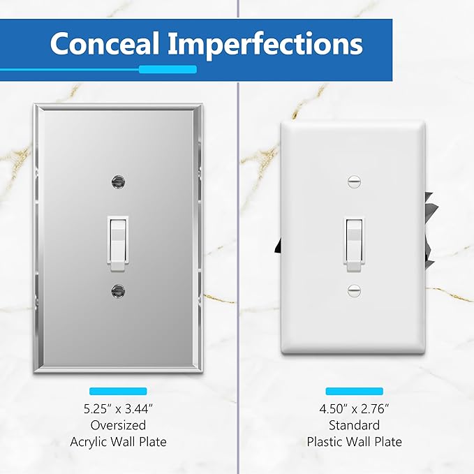 LIDER Reflective Acrylic Toggle Switch Wall Plate, Mirrored Light Switch Cover, Plexiglass Cover Plate, Acrylic Glass, Oversized 1-Gang 5.25" x 3.44", LWP-11O-ASV, Silver