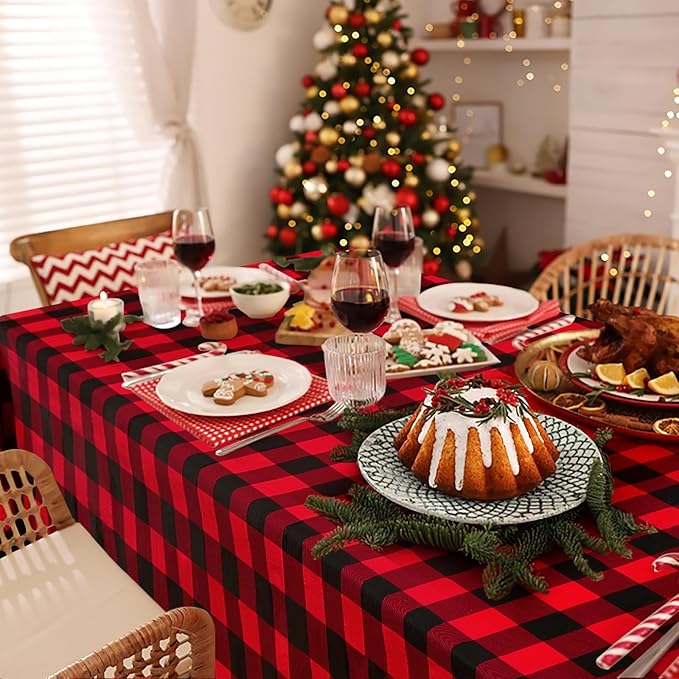 misaya Rectangle Waterproof Vinyl Table Cloth, Buffalo Flannel Backed Tablecloth, Wipeable Plastic Table Cover for Christmas (60" x 84", Red and Black)