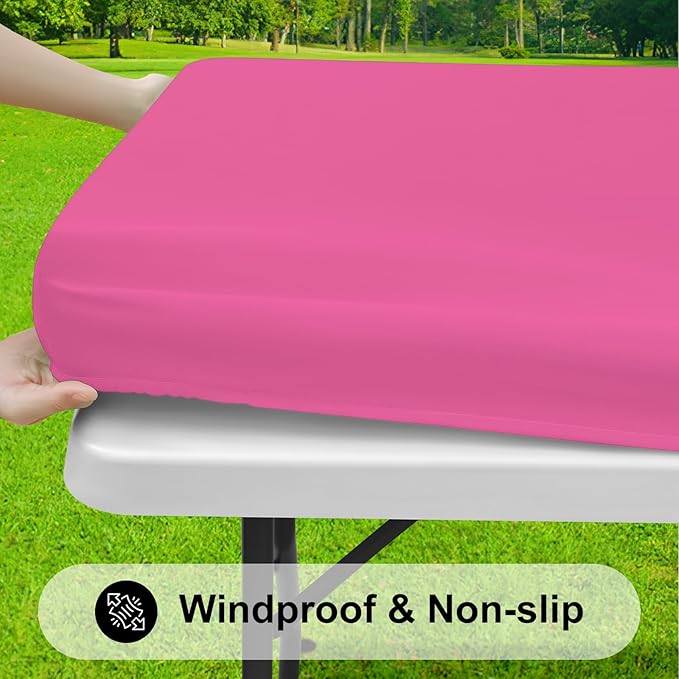 Smiry Rectangle Tablecloth, Elastic Fitted Flannel Backed Vinyl Tablecloths for 6ft Folding Tables, Waterproof Wipeable Table Covers for Indoor, Outdoor, Camping and Picnic (Rose Pink, 30"x72")