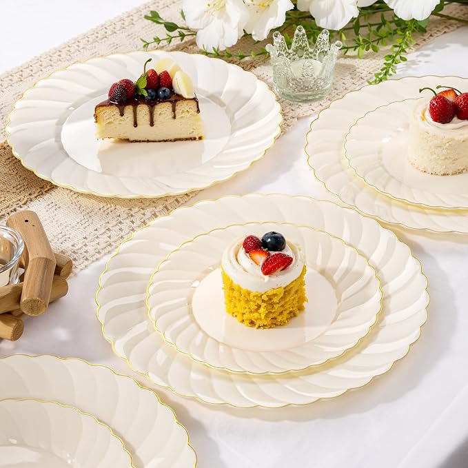 YOUBET 125PCS Ivory Scalloped Plastic Plates - Image 4