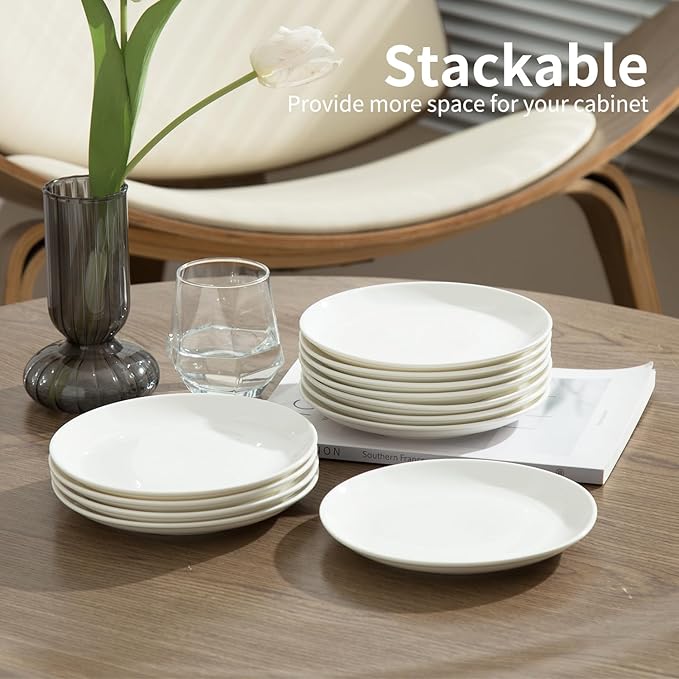 7 Inch Ceramic Dessert Plates Set of 12, White Round Appetizer Plate with Rim, Porcelain Small Dinner Plates for Snacks, Side Dishes, Fruit, Microwave Oven and Dishwasher Safe