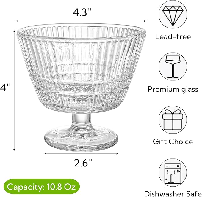 6 Pack Glass Dessert Bowls Set, 10.8 Oz Vintage Ice Cream Cups with Pedestal, Fluted Sundae Dishes Pudding Footed Bowl for Ice Cream, Dessert, Parfait, Candy, Fruit