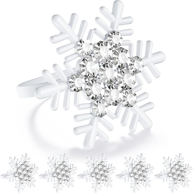 ZeeDix Set of 6 Christmas Snowflake Napkin Rings for Dinning Table Setting- White Rustic Dinner Tables Setting Decoration for Wedding Receptions, Christmas Holiday Party Dinner Parties