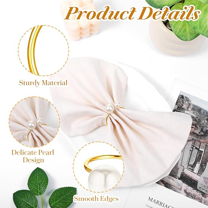 60 Pcs Gold Pearl Napkin Rings Bulk, Wedding Napkin Rings with Dual Pearls for Thanksgiving, Christmas, Party Decor, Elegant Table Setting Accessories