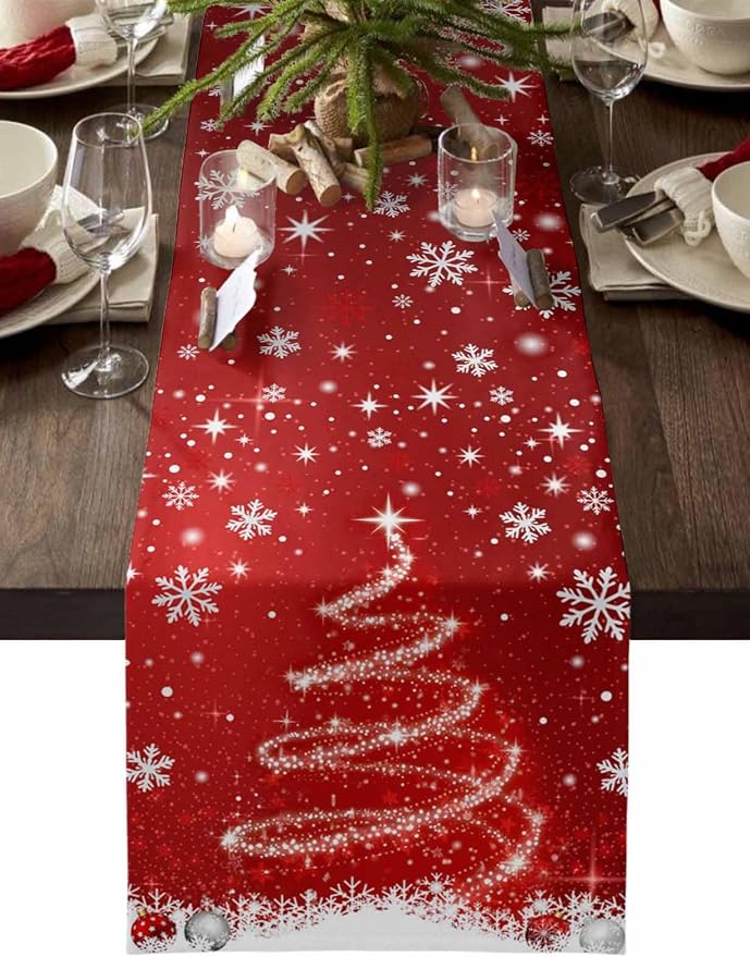 Red Christmas Table Runner 48 Inches Long, Xmas Tree Balls Snowflake Table by Unknown