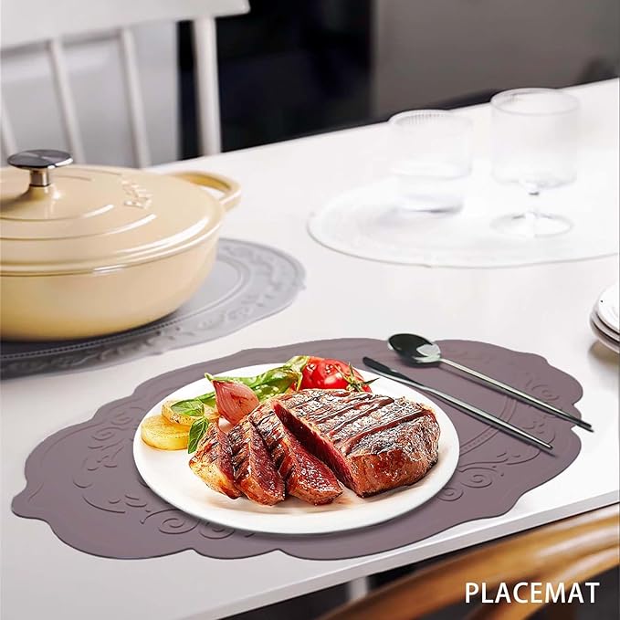 Silicone Placemat Set of 4, Oval Heat Resistant Non-Slip Mats, Waterproof Placemat, Foldable Placemats, Easy to Clean Silicone Table Mat by Siliconty(4, Cameo Brown)