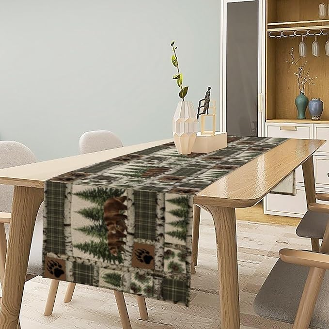 Vintage Rustic Cabin Moose Deer Bear Table Runner, Retro Bear Cottage Country - Image 2