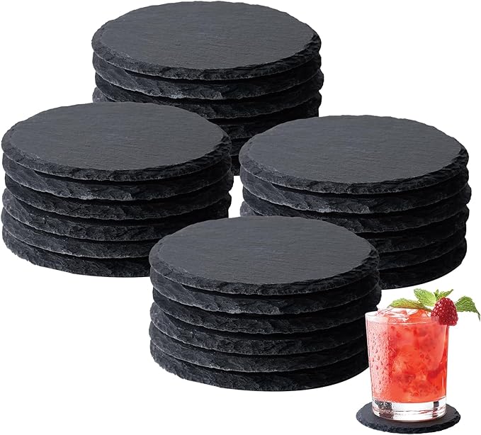 Slate Coasters Set of 24,4-Inch Black Round Stone Drink Coasters with Scratch-Resistant Backing, Durable Tabletop Protection for Home Office Kitchen, Ideal Housewarming Wedding Gifts