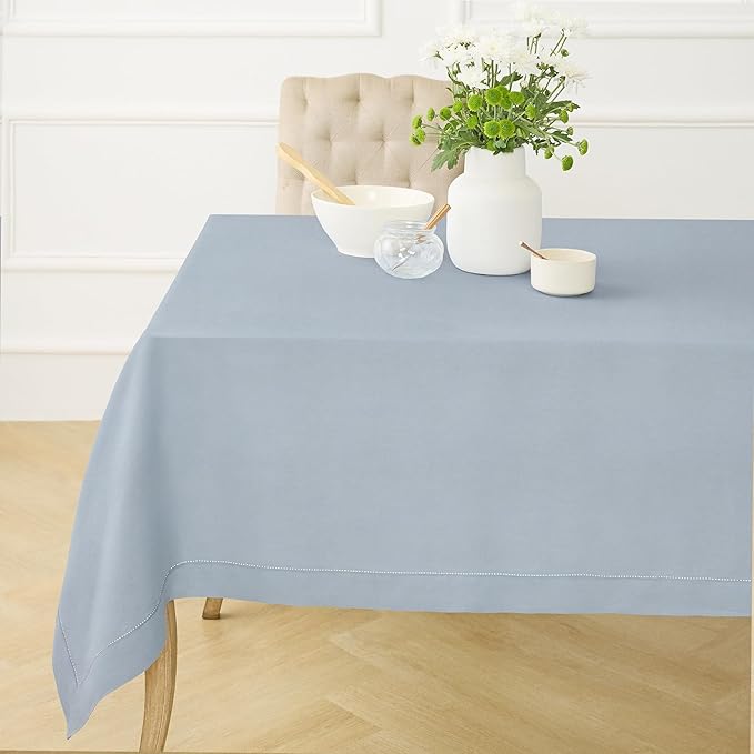 Solino Home Dusty Blue Linen Tablecloth 60 x 90 Inch - 100% Pure Linen Hemstitch Table Cloth for Rectangle Tables - Classic Hemstitch, Machine Washable Tablecloth for Winter, Spring, Easter