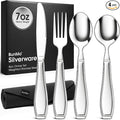 BUNMO Weighted Utensils for Hand Tremors – 4pc Adaptive Utensils for Elderly, Persons w/weak hands – Discreet Travel Wrap, Stainless Steel & Dishwasher Safe – Weighted Silverware Set