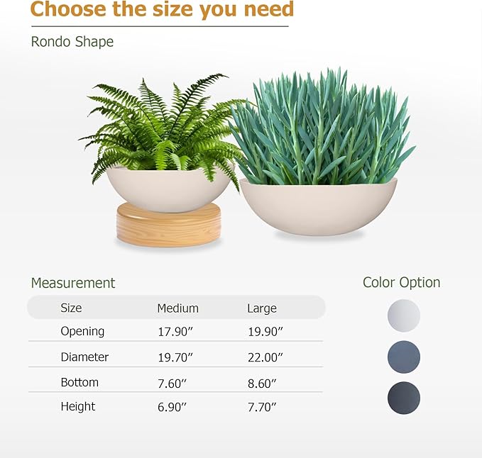 7.7" H x 22" D Round Bowl Fiberstone Planter for Succulent and Lotus with Drainage Hole, Smooth Finishes, Weather Resistant, Included 2 Extra Coco Mats (Kilim Beige, 19.9" Pot Opening)